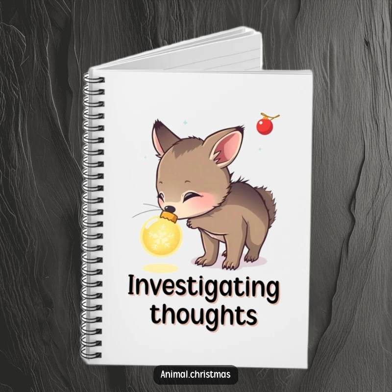 Funny notebook with an animal curiously sniffing a glowing Christmas ornament, ideal for jotting down holiday thoughts and discoveries.