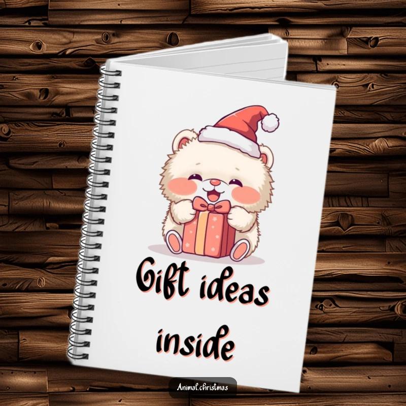 Funny notebook with a fluffy animal in a Santa hat, gleefully unwrapping a present, ideal for jotting down notes and holiday ideas.