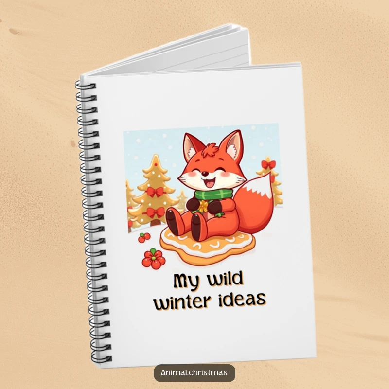 Funny Christmas notebook featuring a red fox grinning widely while sliding down a snowy hill on a festive gingerbread cookie.