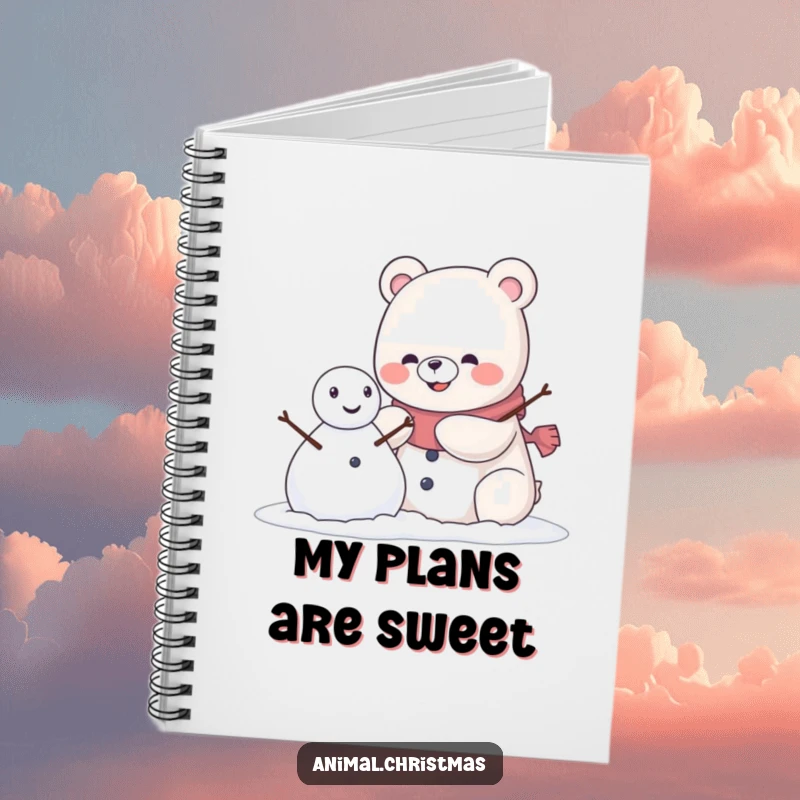 Funny kawaii bear wearing a pleased grin, building a snowman, inside a funny notebook for writing.