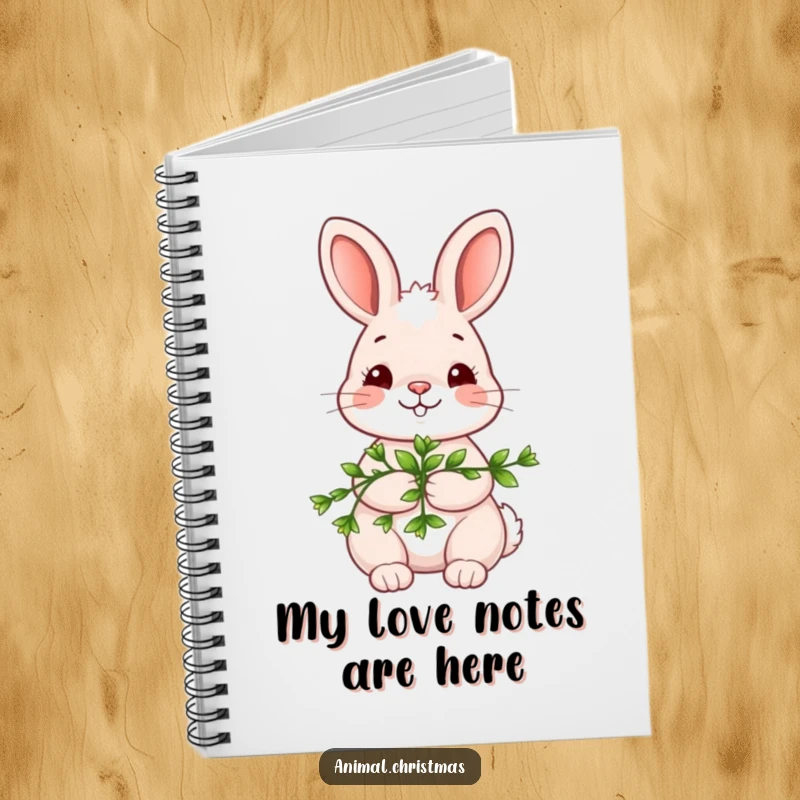 Funny kawaii bunny notebook, holding mistletoe with a shy smile, cute holiday stationery for writing and planning.
