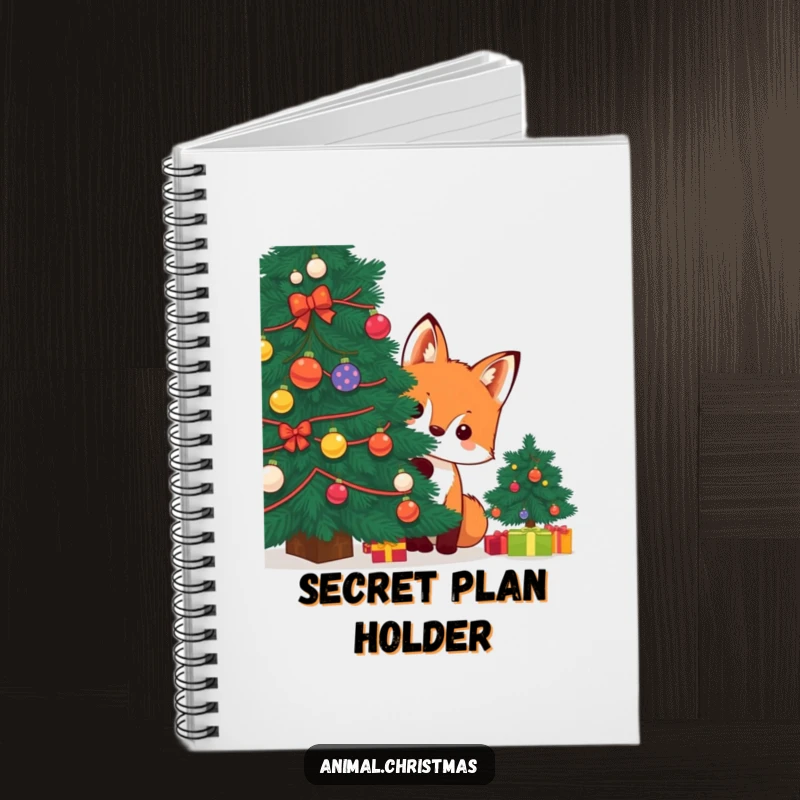 Funny kawaii fox peeking from a Christmas tree on a notebook cover, ideal for humorous note-taking.
