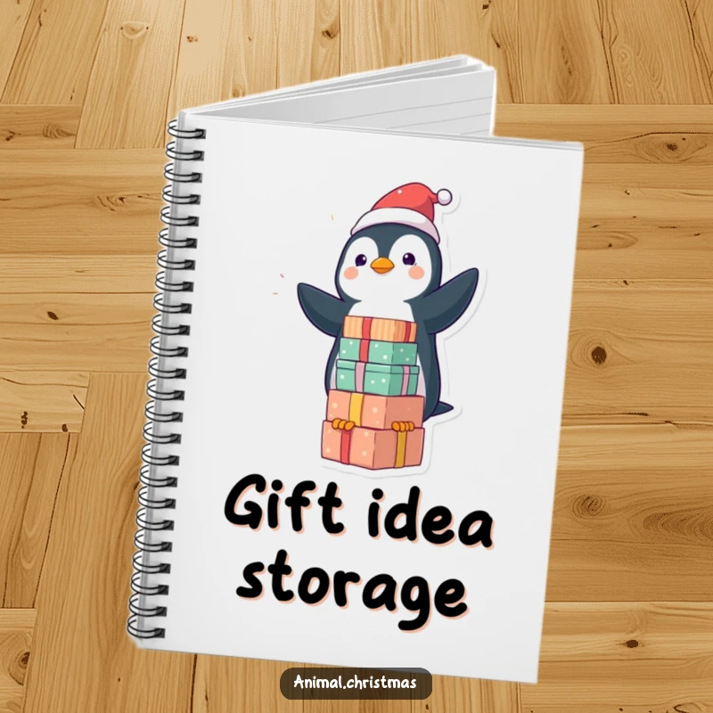 Funny kawaii penguin balancing gifts on a notebook cover, ideal for humorous note-taking and planning.