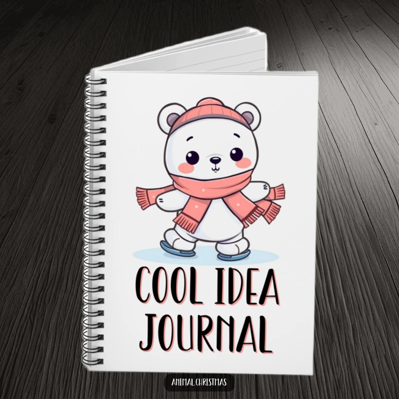 Funny kawaii polar bear ice skating with a scarf on a notebook cover, ideal for humorous note-taking.