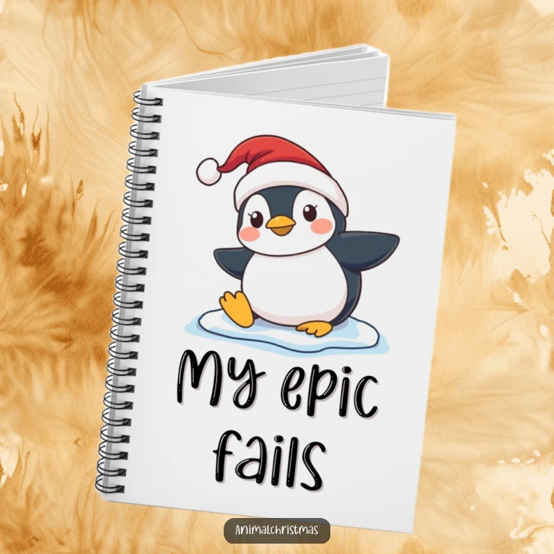 Funny Penguin Slip Notebook, a cute penguin in a Santa hat slipping on ice, perfect for jotting down notes, plans, and winter tales with humor.