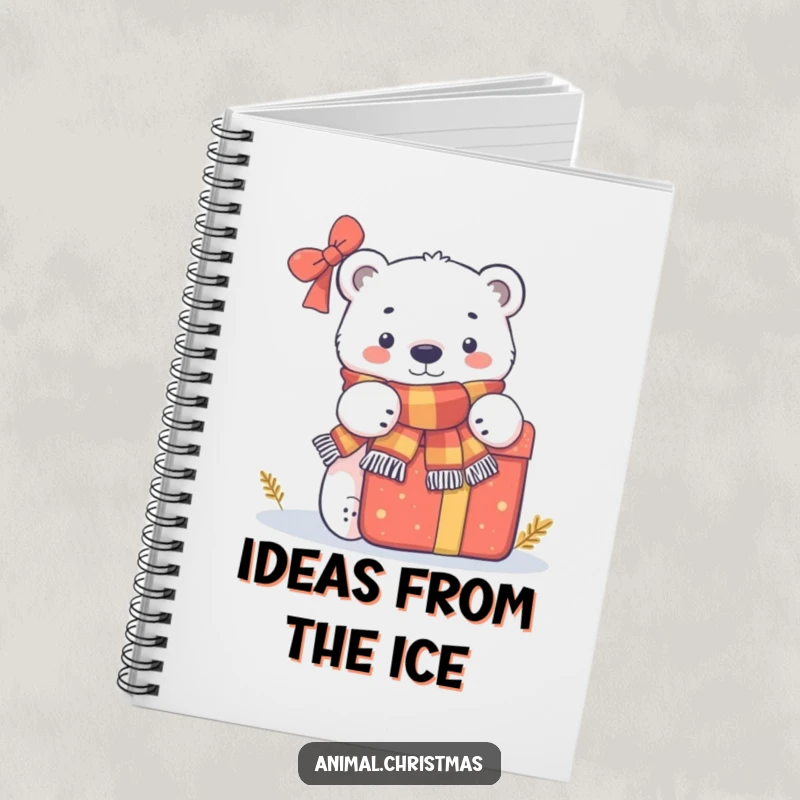 Funny notebook with a polar bear in a scarf peeking behind a large present, ideal for jotting down winter thoughts.
