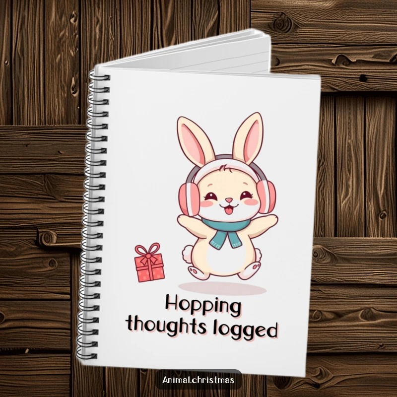 Funny notebook cover features a rabbit wearing earmuffs, hopping with festive cheer, perfect for notes and doodles.