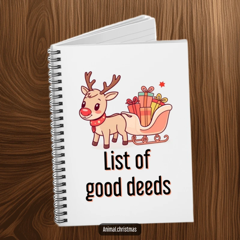 Funny notebook with a charming reindeer pulling a tiny sleigh packed with colorful gifts, great for holiday notes.