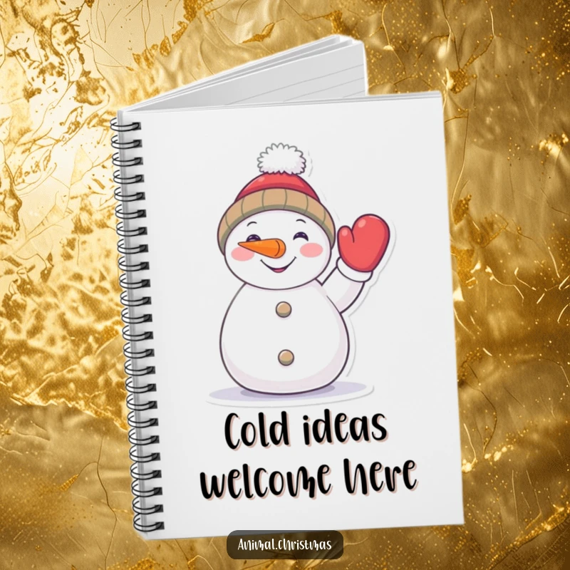 Funny snowman notebook featuring a cheerful character with a carrot nose waving a mitten, perfect for writing.
