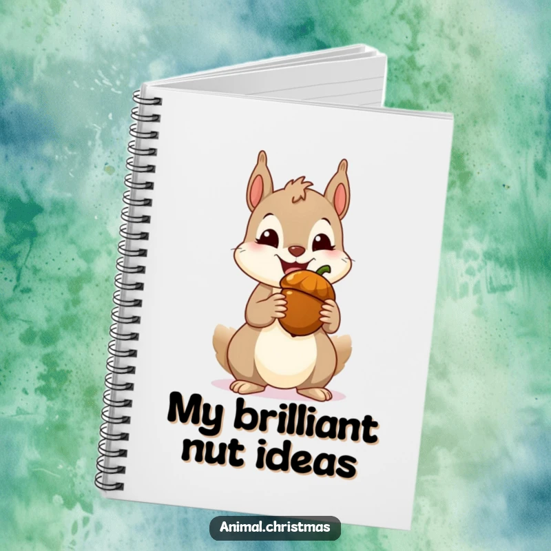 Funny squirrel notebook cover with a happy squirrel grinning widely while holding a festive acorn, designed for note-taking.