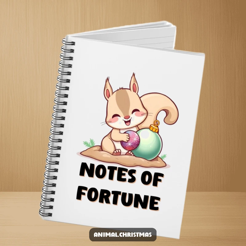 Funny notebook cover features a happy squirrel burying a shiny ornament, great for jotting down festive ideas.