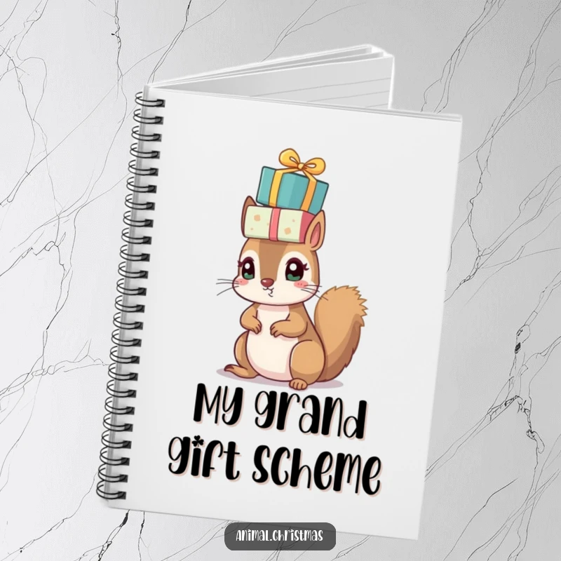 Funny Christmas notebook with a small squirrel’s head peeking over a pile of wrapped presents, ready for notes.