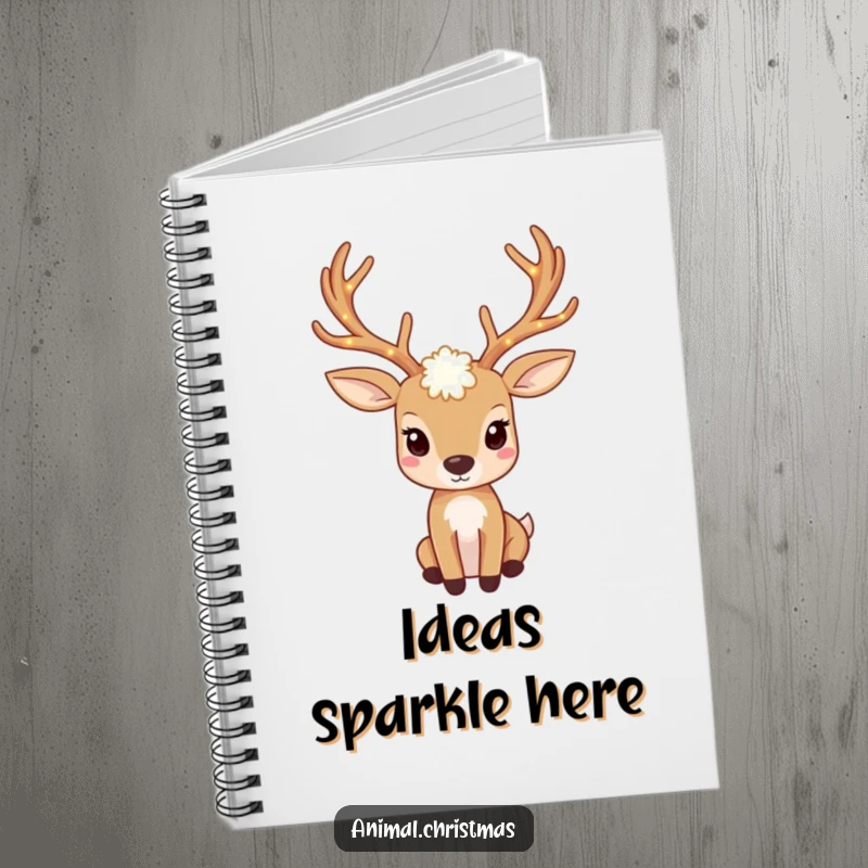 Funny deer notebook with antlers adorned with twinkling lights, perfect for writing notes.