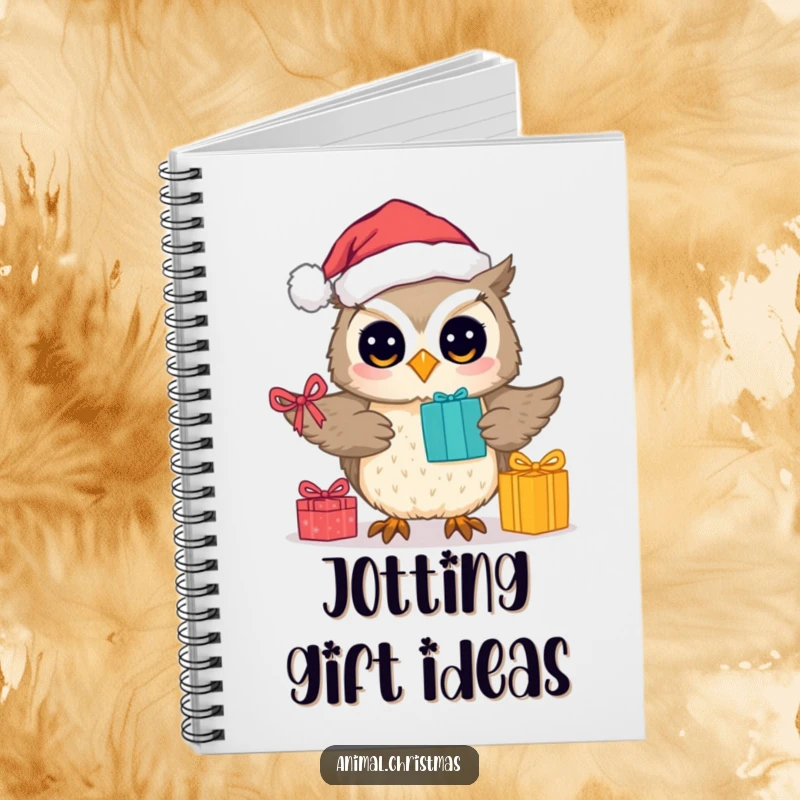 Funny notebook with a cute owl wearing a Santa hat, distributing presents, perfect for journaling holiday thoughts.