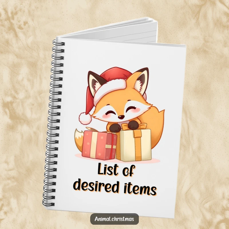 Funny Fox Santa Notebook, a cute fox in a Santa hat opening a Christmas gift, perfect for jotting down notes, plans, and holiday wishes with humor.