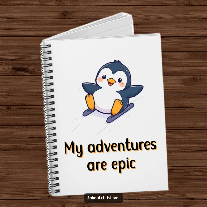 Funny kawaii penguin sliding down a snowy hill with glee, inside a funny notebook for writing.