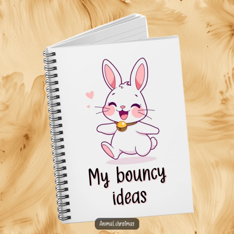 Funny notebook with an excited bunny wearing a jingle bell collar, perfect for jotting down holiday cheer.