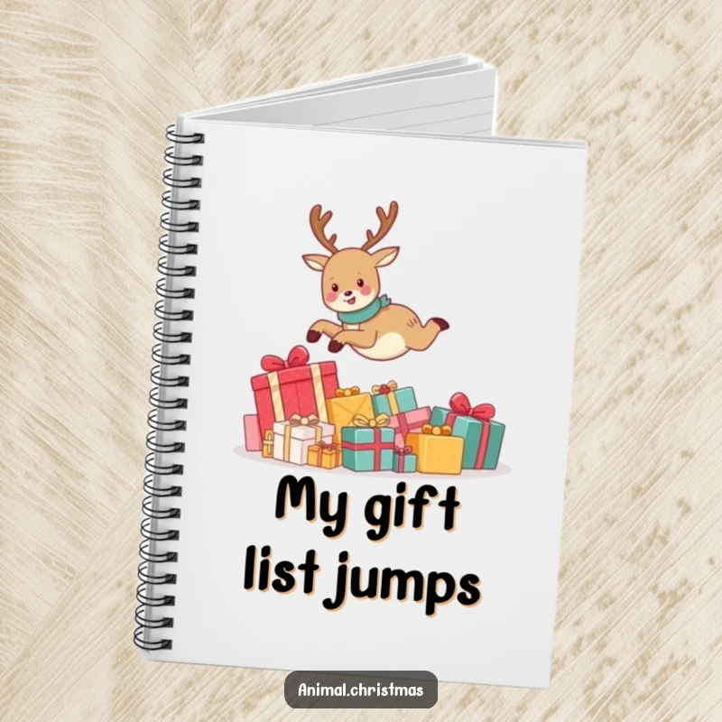 Funny notebook cover showing a cute reindeer joyfully leaping over a pile of presents, inspiring festive thoughts and creative writing.
