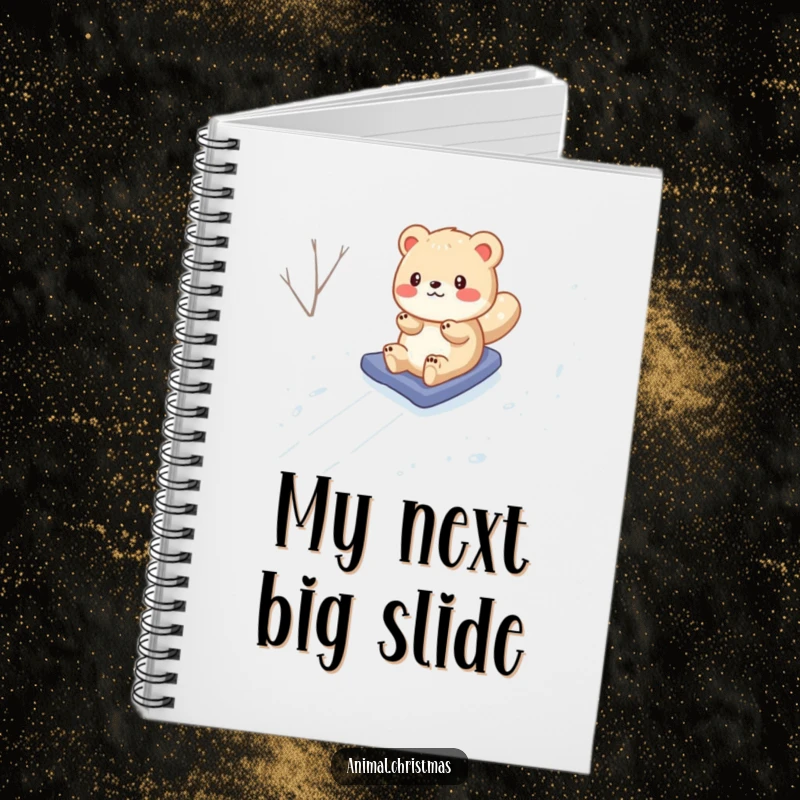 Funny Notebook: An animated animal is depicted sliding down a snow-covered hill, bringing a sense of joyful motion.