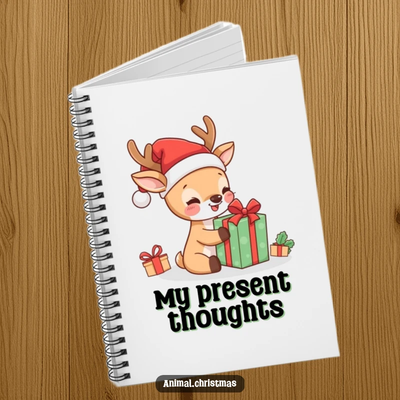 Funny kawaii deer in Santa hat, opening a gift, featured on a notebook cover for humorous note-taking.