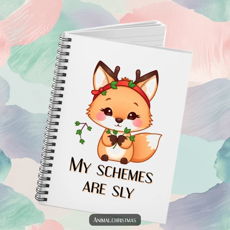 Funny kawaii fox wearing a reindeer headband, holding mistletoe, inside a funny notebook for writing.