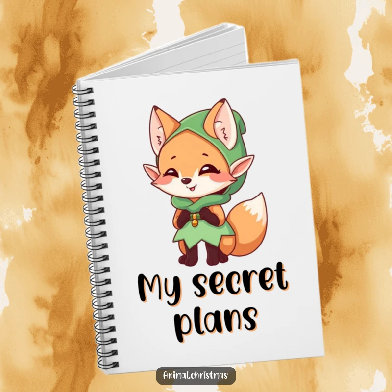 Funny elf fox notebook, a mischievous character giggling, dressed as an elf, perfect for writing.