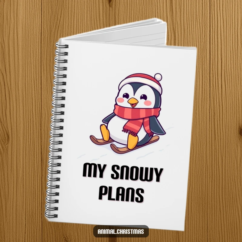 Funny notebook cover showing a penguin wearing a festive scarf, sliding down a snowy hill, ideal for festive journaling.