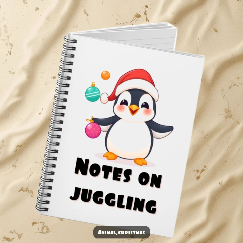 Funny notebook with a penguin in a Santa hat happily juggling colorful Christmas ornaments, perfect for jotting down festive ideas.