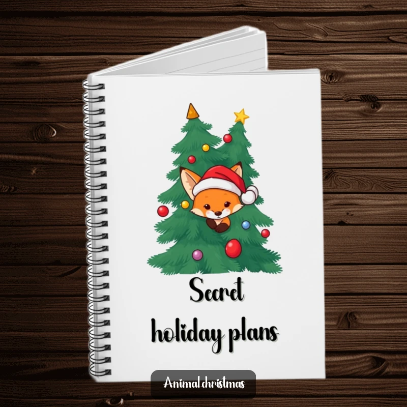 Funny Fox Santa Notebook: A fox wearing a Santa hat peeking from behind a Christmas tree, great for festive notes.