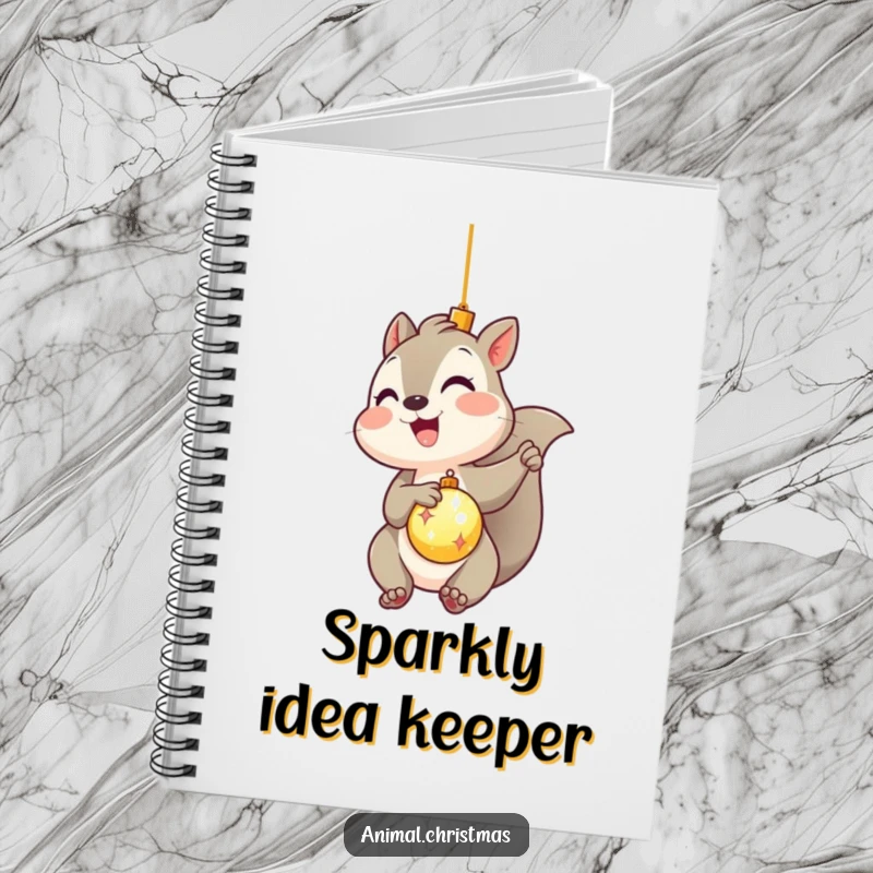 Funny kawaii squirrel gleefully hanging an ornament on a notebook cover, ideal for humorous note-taking.