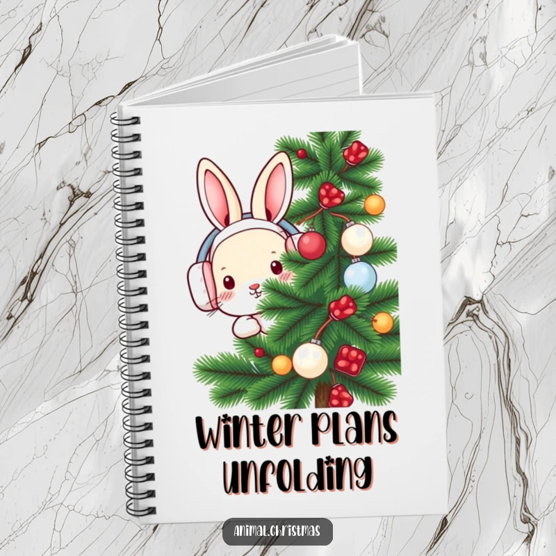 Funny rabbit notebook cover with a rabbit in earmuffs peeking from behind a decorated pine tree, designed for winter notes.