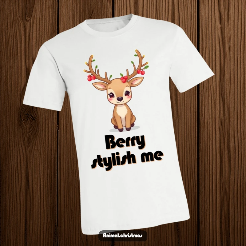 Funny T-shirt showcasing a majestic deer with festive antlers intricately decorated with luminous berries, radiating natural beauty.