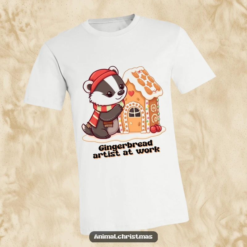 Funny badger baking t-shirt with a badger in a festive scarf decorating a gingerbread house with icing, a humorous culinary design.