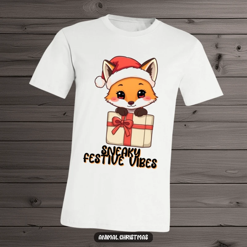 Funny t-shirt of a fox in a tiny Santa hat, peeking playfully from behind a gift, embodying Christmas charm.