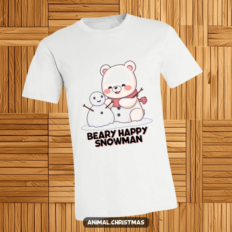 Funny kawaii bear wearing a pleased grin, building a snowman on a comfortable t-shirt.