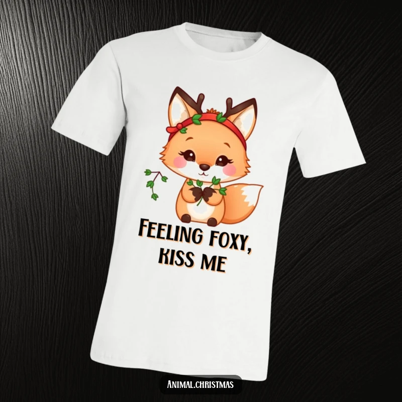 Funny kawaii fox wearing a reindeer headband, holding mistletoe, on a festive t-shirt.