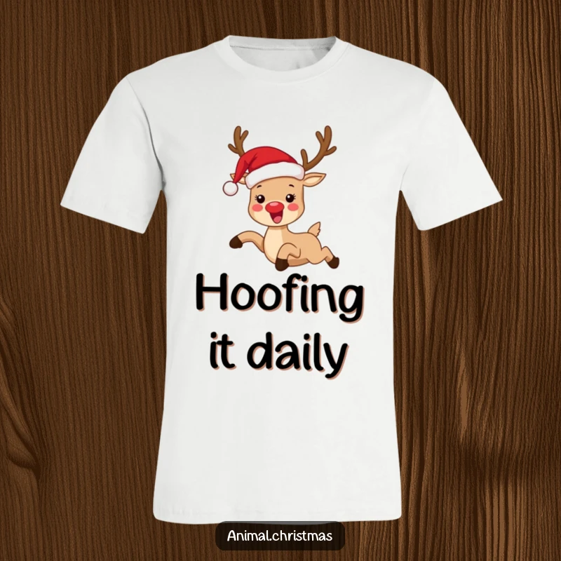 Funny t-shirt of a reindeer wearing a Santa hat, hilariously leaping with joy, perfect for Christmas celebrations and funny gift.