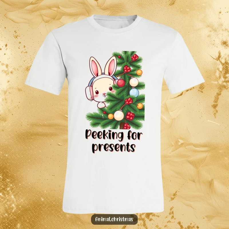 Funny rabbit t-shirt featuring a cute rabbit wearing earmuffs, peeking from behind a decorated pine tree, embodying winter charm.