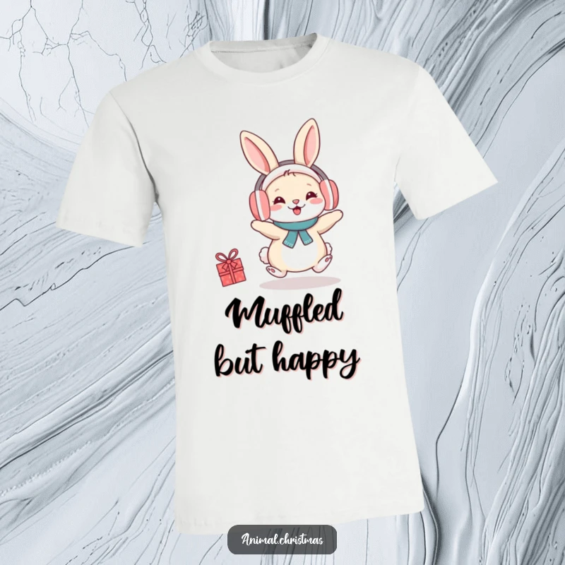 Funny T-shirt showing a joyful rabbit wearing earmuffs, hopping gleefully with vibrant festive cheer.