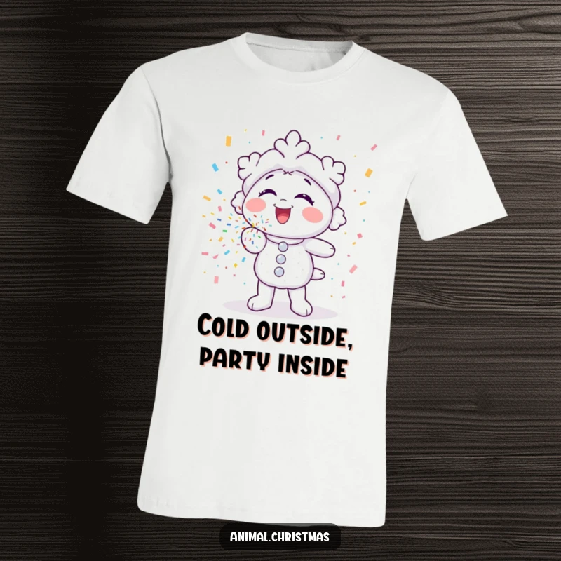Funny t-shirt of a snowflake character gleefully blowing colorful confetti, perfect for winter celebrations and festive fun.