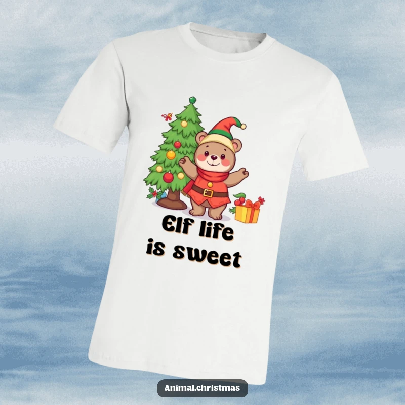 Funny t-shirt with a cheerful bear in elf attire, decorating a Christmas tree with ornaments and lights.