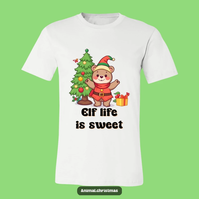 Funny T-Shirt Cheerful Bear Elf Christmas Tree Decor Tee