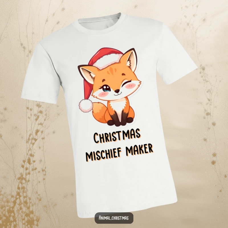 Funny t-shirt with a sly fox wearing a Santa hat, giving a knowing wink with a twinkle in its eye.