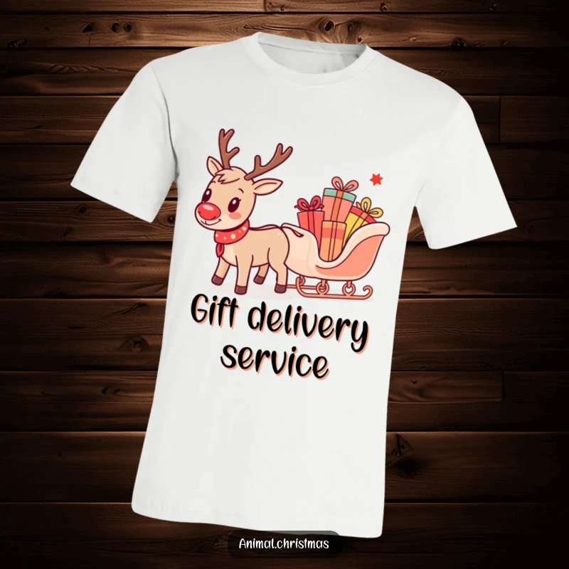 Funny t-shirt with a charming reindeer pulling a miniature sleigh loaded with vibrant gifts, radiating Christmas excitement.
