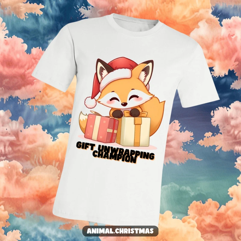 Funny Fox Santa Gift T-Shirt, a cute cartoon fox in a Santa hat excitedly opening a Christmas gift, spreading holiday cheer and playful energy.