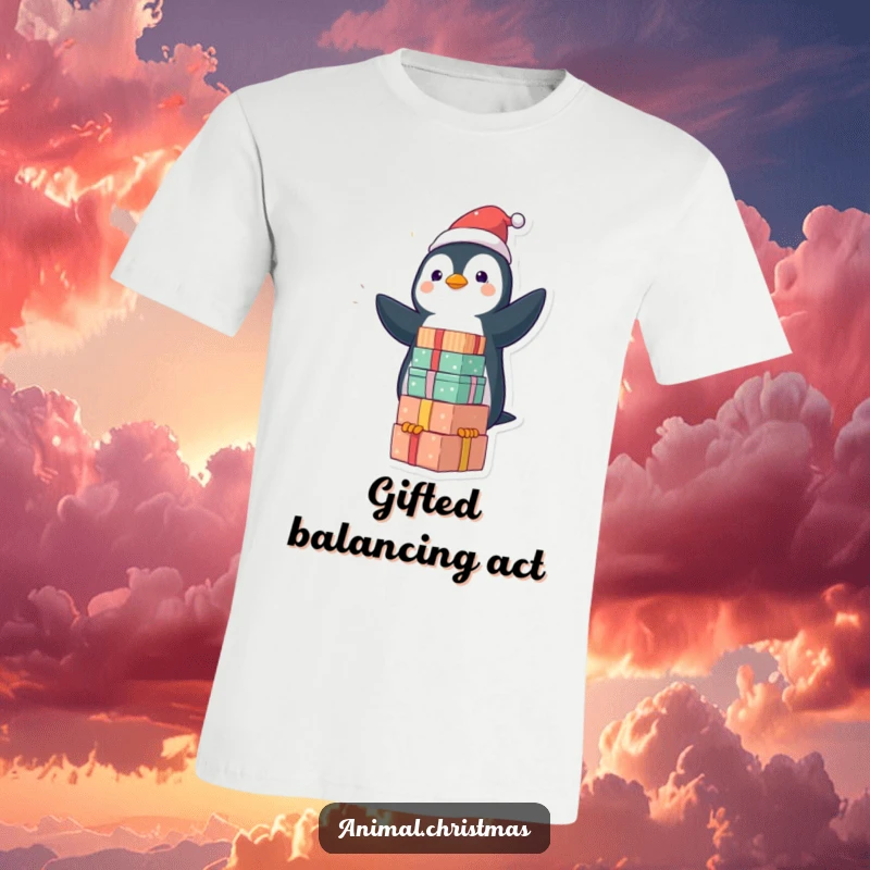 Funny kawaii penguin balancing many wrapped gifts on a t-shirt, showcasing festive fun and skill.