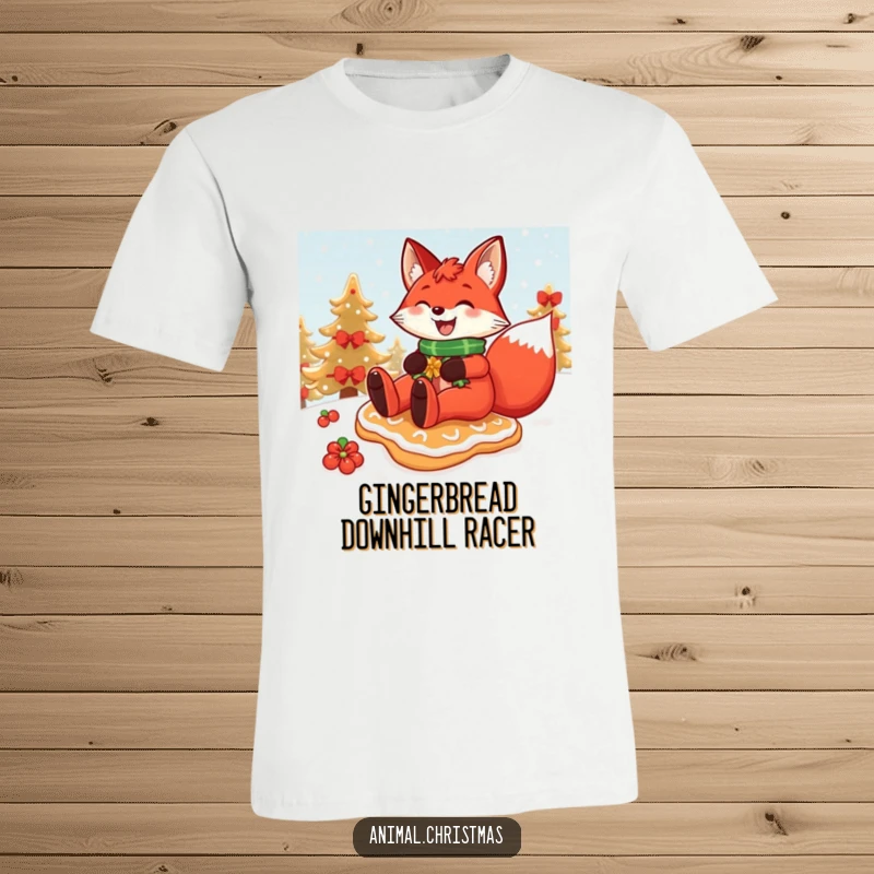 Funny Christmas t-shirt depicting a red fox with a wide grin, sledding down a snowy hill on a gingerbread cookie.