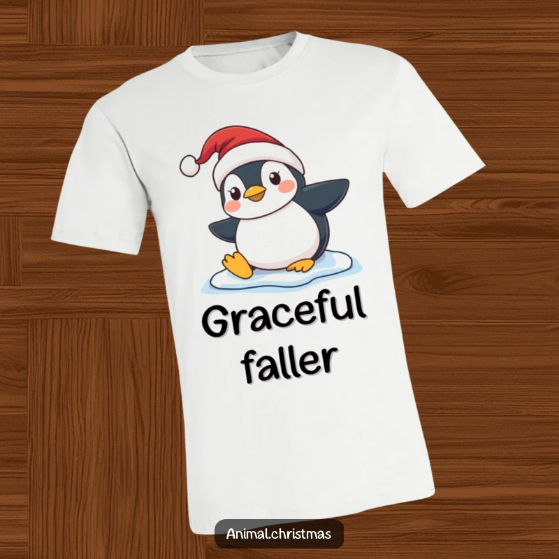 Funny Penguin Slip T-Shirt, a humorous cartoon penguin in a Santa hat comically slipping on ice, conveying playful winter antics and holiday spirit.