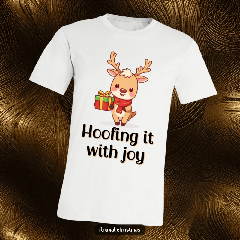 Funny Cute Reindeer T-Shirt: A cheerful reindeer smiling while delivering a present, ideal for holiday fun.