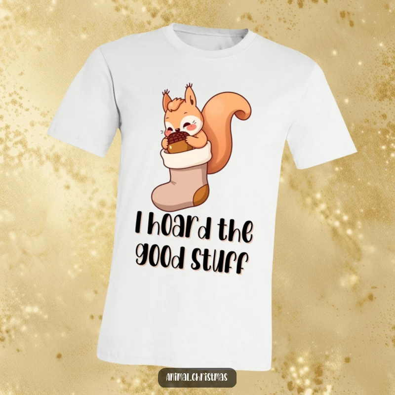 Funny kawaii squirrel t-shirt, stuffing a giant acorn into a stocking, cute holiday apparel, festive and humorous scene.
